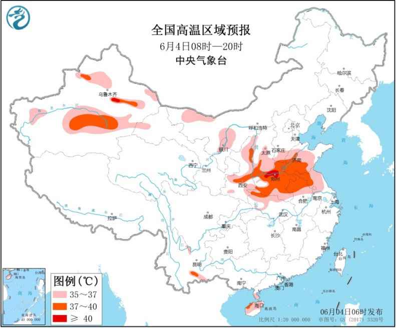 图2全国高温区域预报(6月4日08时-4日20时) 江南华南有持续性强降水 华北黄淮有持续性高温天气