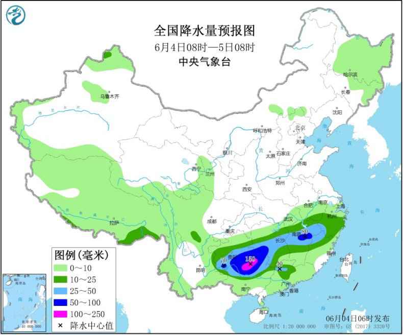 图3 全国降水量预报图(6月4日08时-5日08时) 江南华南有持续性强降水 华北黄淮有持续性高温天气